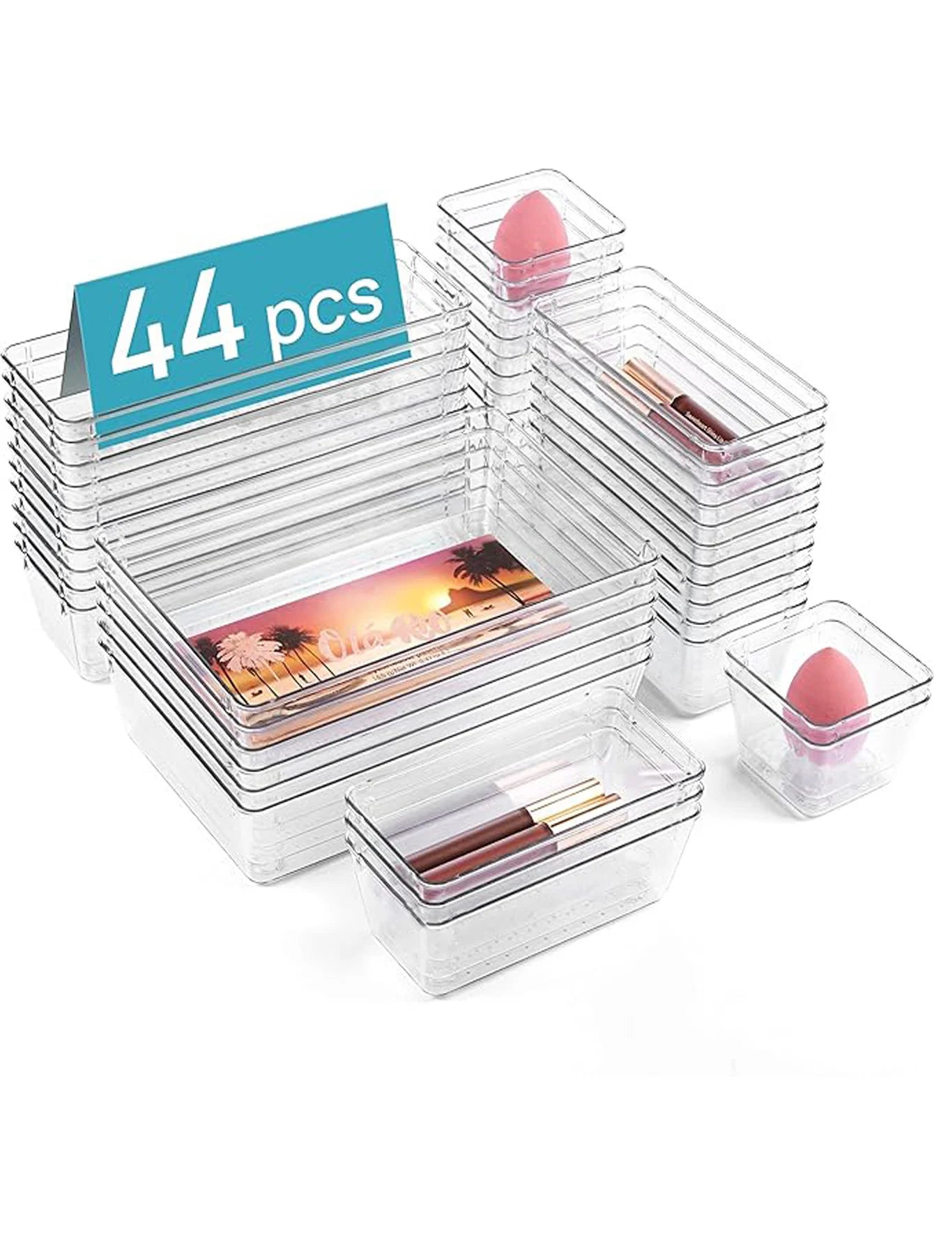 44pcs Drawer storage box set, multi-functional transparent plastic drawer storage set, drawer divider storage box and storage