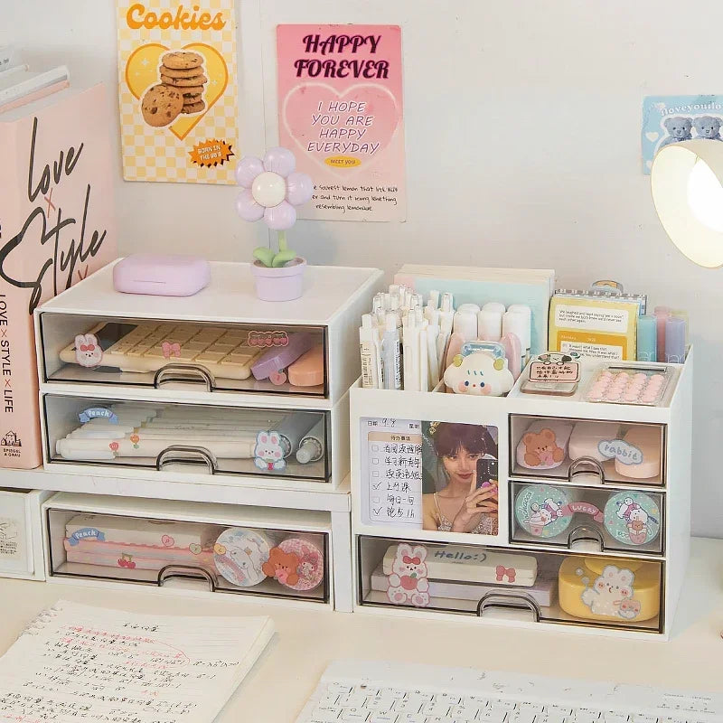 Desktop Storage Box Organizer Desk Pen Holder Transparent Stationery Drawer Storage Rack Student Multi-functional Organizing Box
