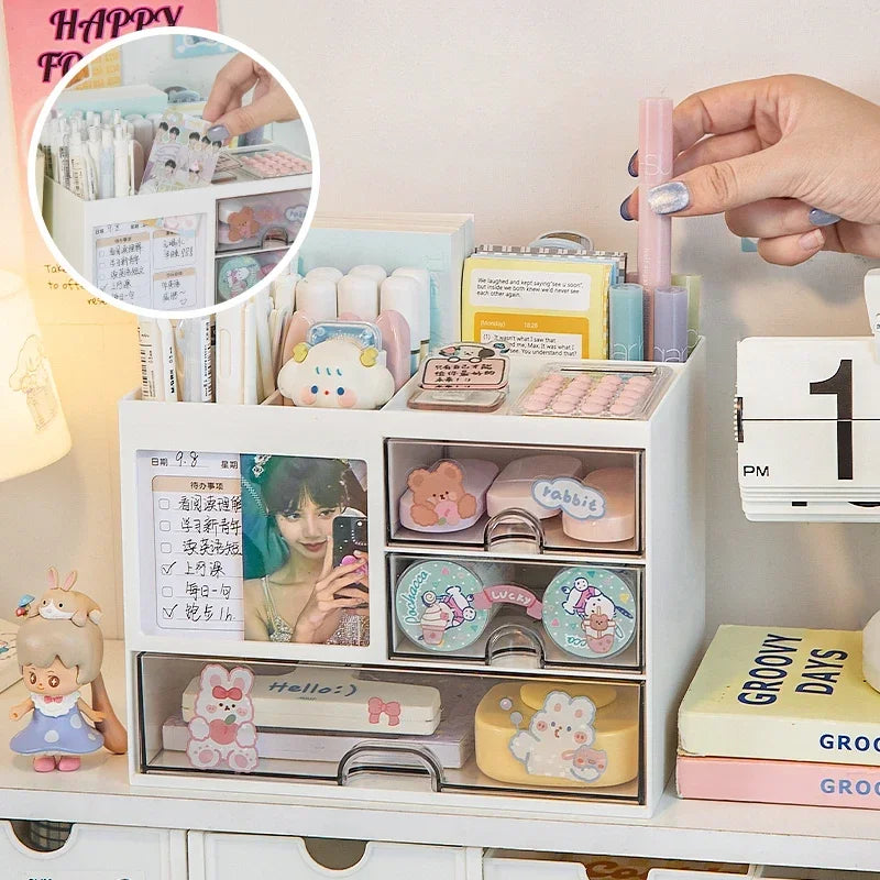 Desktop Storage Box Organizer Desk Pen Holder Transparent Stationery Drawer Storage Rack Student Multi-functional Organizing Box