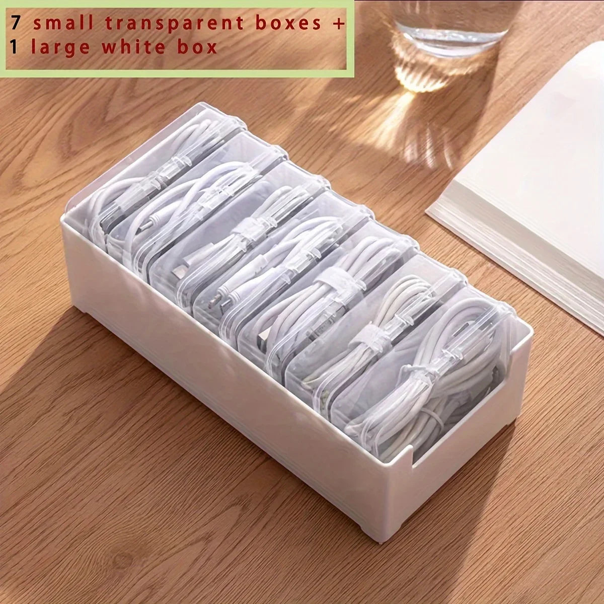 Data Cable Storage Box with 7 Small Compartment Boxes, Desktop Cable Organizer for Office Desk