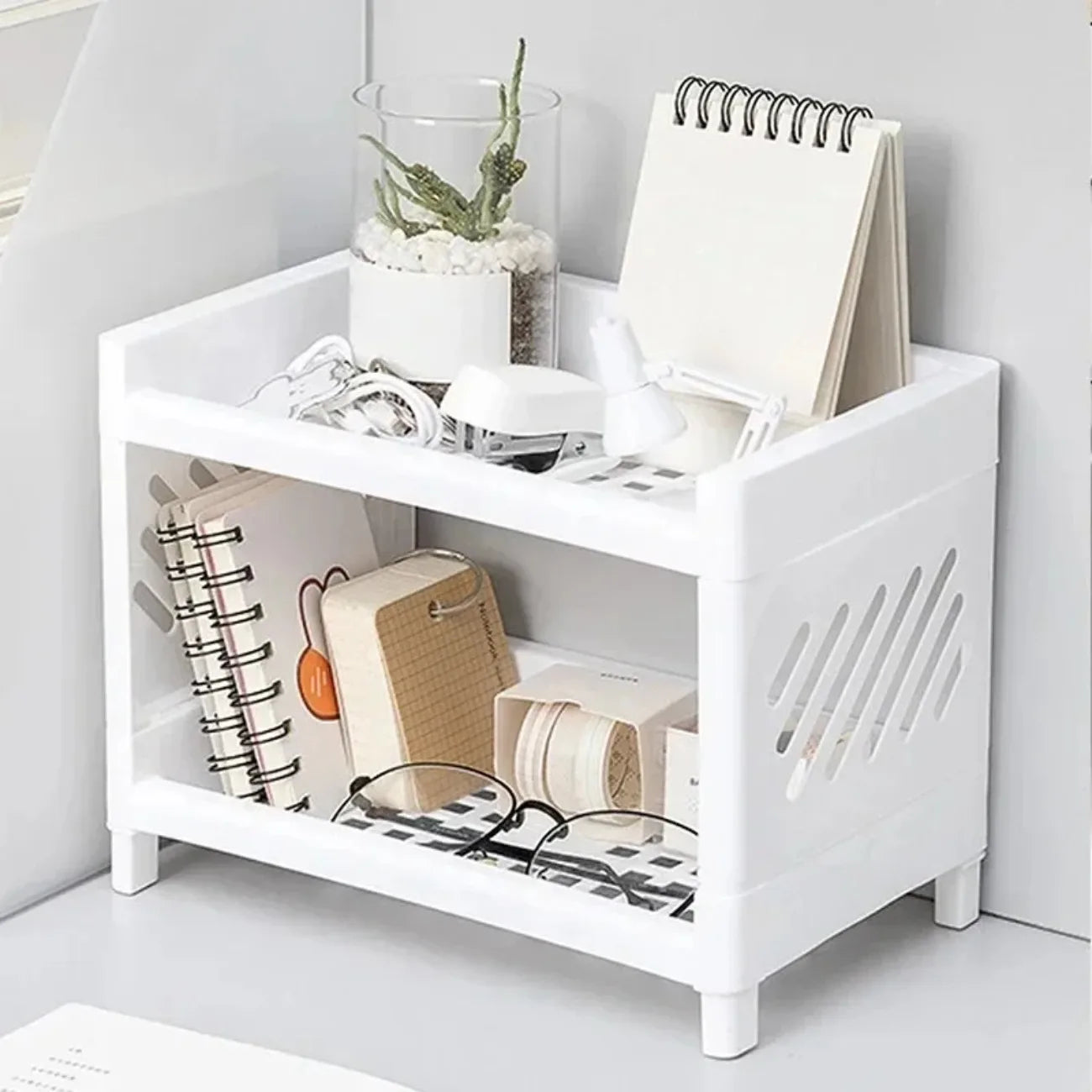 Modern Double-Deck Desk Storage Rack – Open Frame Office Organizer for Stationery, Notebooks & Daily Sundries
