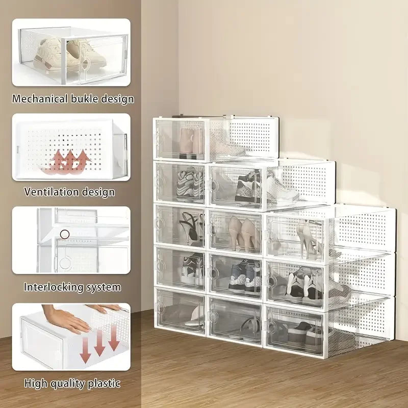 Stackable Shoe Storage Box 6/12 Pack Clear Plastic Stackable Shoe Storage Box | Space Saving Foldable Shoe Organizer for Closet