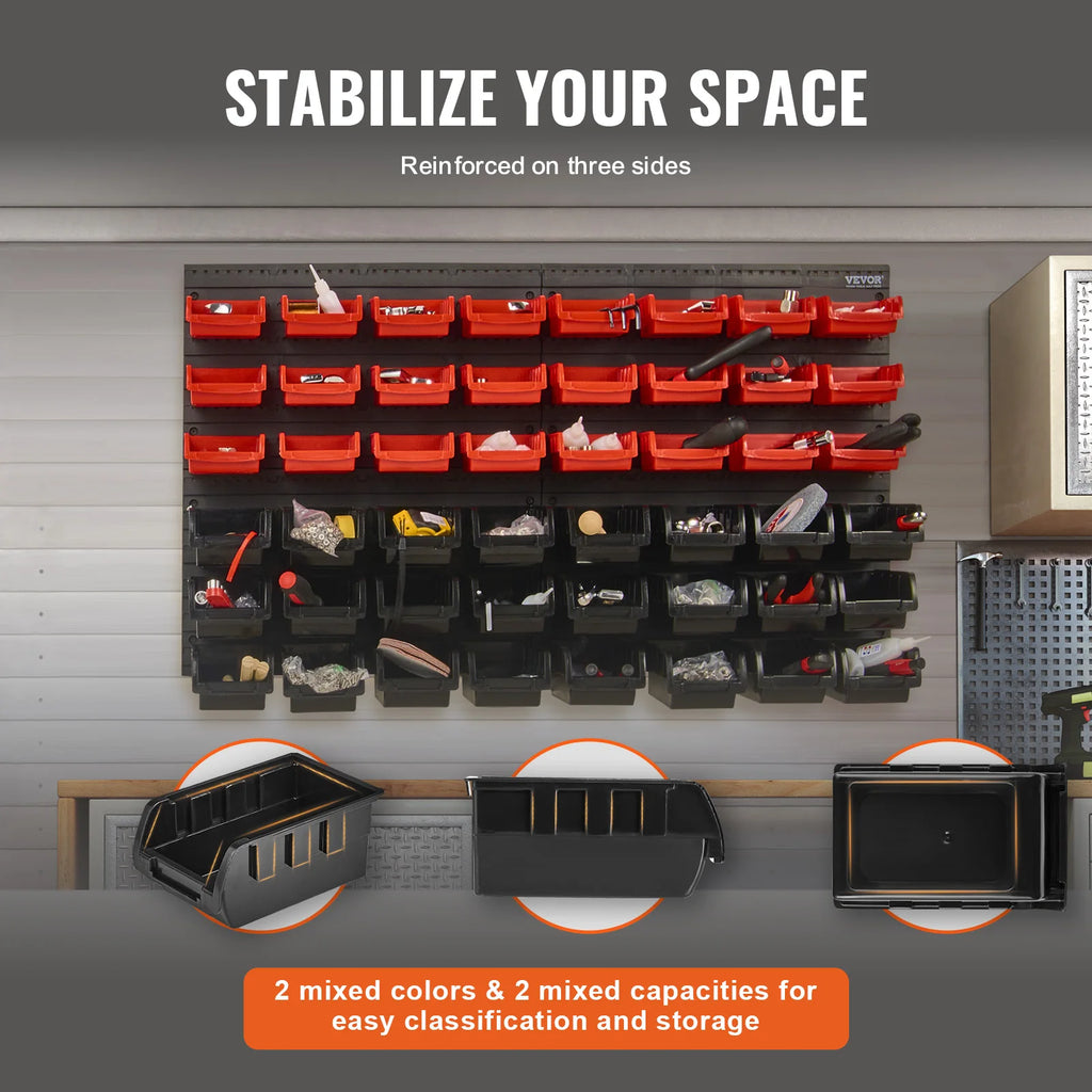 SucceBuy 48pcs Parts Storage Bins Wall Mounted Garage Containers with Wall Panels Tool Organizer for Nuts Bolts Screws Nails